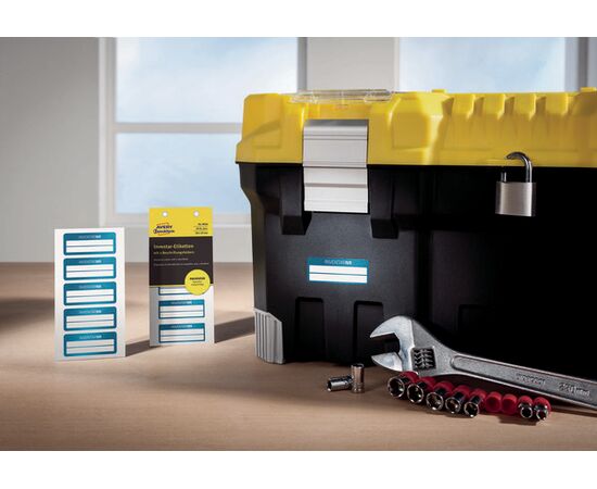 Полиэстерные инвентарные этикетки [6910] (серебристые с голубой рамкой, 50х20 мм) фотография 5