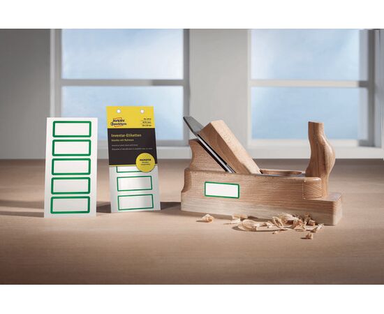 Полиэстерные инвентарные этикетки [6916] (серебристые с зеленой рамкой, 50х20 мм) фотография 5