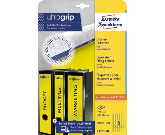 Самоклеящиеся этикетки [L4751-20] для узких папок (желтые, 38x297 мм) фотография 3