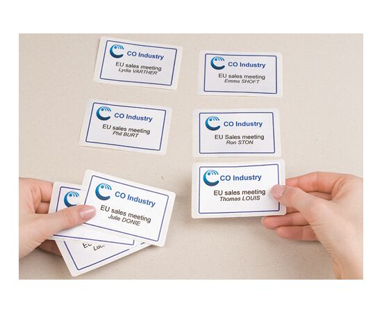 Самоклеящиеся бейджи [L4787-20] из ацетатного шелка для лазерных принтеров (белые в синей рамке, 80x50 мм) фотография 5