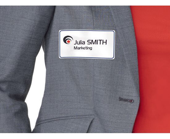 Самоклеящиеся бейджи [L4787-20] из ацетатного шелка для лазерных принтеров (белые в синей рамке, 80x50 мм) фотография 7