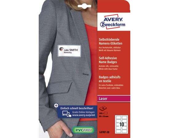 Самоклеящиеся бейджи [L4787-20] из ацетатного шелка для лазерных принтеров (белые в синей рамке, 80x50 мм) фотография 3