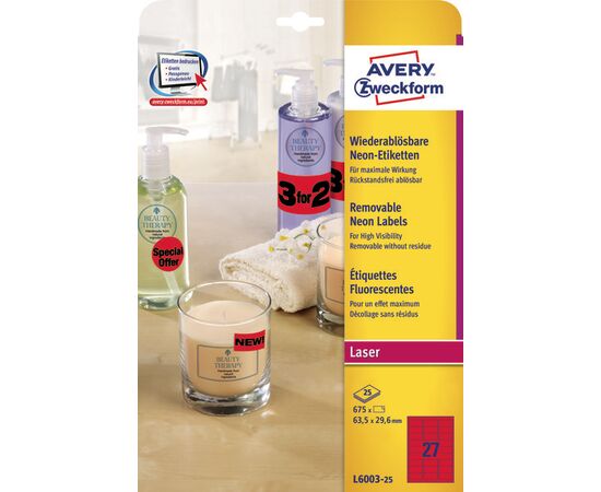 Этикетки [L6003-25] самоклеящиеся удаляемые (неоновые, красные, 63.5x29.6 мм) фотография 3