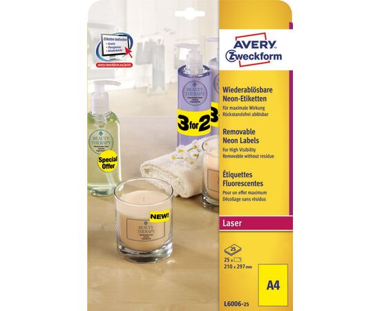Этикетки [L6006-25] самоклеящиеся удаляемые (неоновые, желтые, 210x297 мм) фотография 3