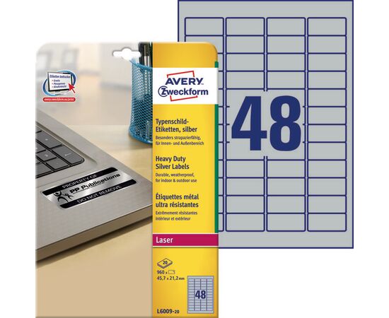 Серебристые полиэстерные этикетки Avery Zweckform [L6009-20] (45.7x21.2 мм, 960 шт, 20 листов), изображение 2