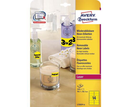 Этикетки [L7263Y-25] самоклеящиеся удаляемые (неоновые, желтые, 99.1x38.1 мм) фотография 3