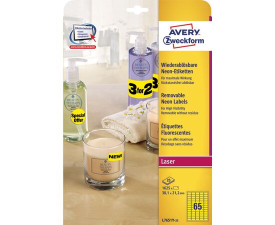 Этикетки [L7651Y-25] самоклеящиеся удаляемые (неоновые, желтые, 38.1х21.2 мм) фотография 3