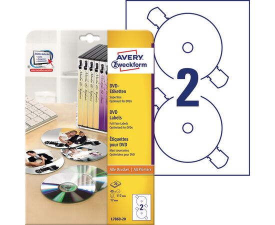 Этикетки [L7860-20] для DVD (глянцевые, белые, Ø117 мм, cупер-размер) фотография 1