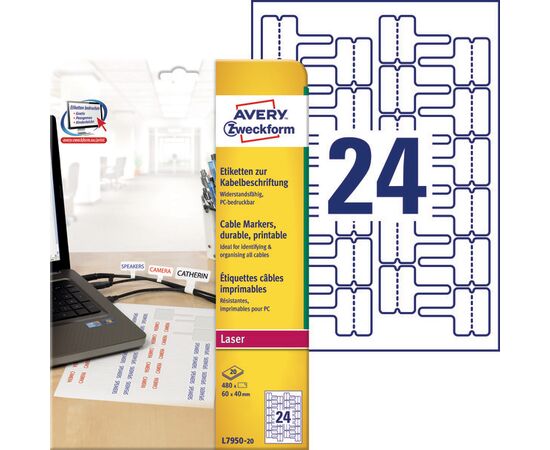 Этикетки Avery Zweckform [L7950-20] для проводов для лазерных принтеров (60x40 мм, 480 шт, 20 листов)