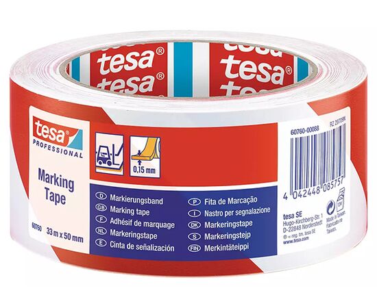 Напольная маркировочная лента Tesa [T60760-00092-15] для разметки пола (красно-белая, ПВХ основа, 150 мкм, самоклеящаяся, 33 м x 50 мм) фотография 1