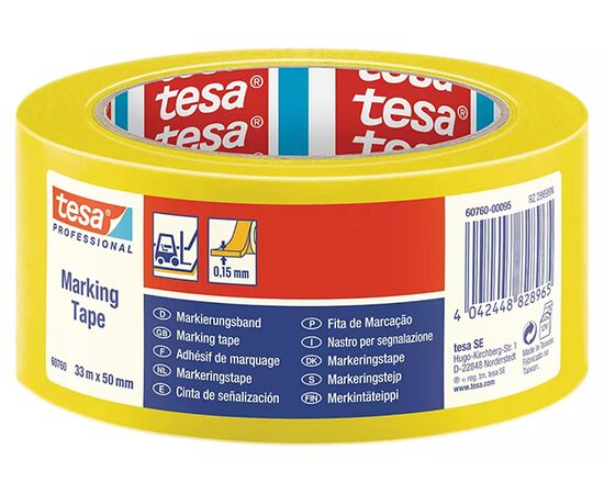Напольная маркировочная лента Tesa [T60760-00095-15] для разметки пола (желтая, ПВХ основа, 150 мкм, самоклеящаяся, 33 м x 50 мм) фотография 1
