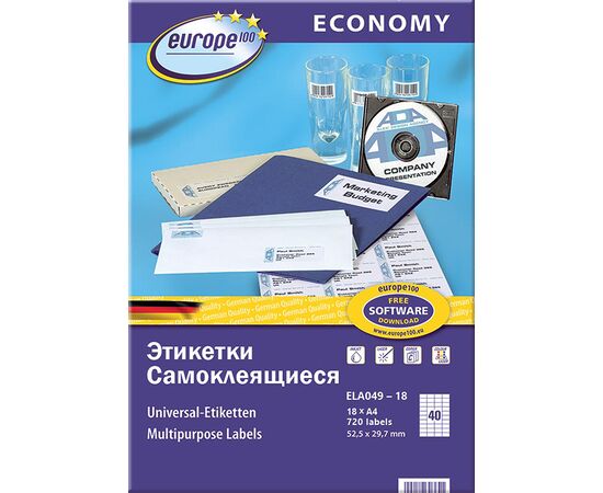 Самоклеящиеся этикетки Европа-100 [ELA049-18] (52.5x29.7 мм, 720 шт, 18 листов), изображение 2