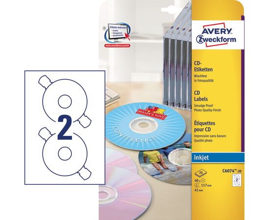 Этикетки Avery Zweckform [C6074-20] для CD (глянцевые, белые, Ø117 мм, 40 шт, 20 листов, классический размер), изображение 2