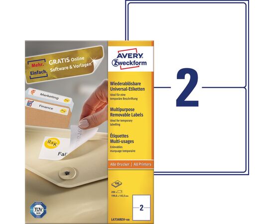 Этикетки Avery Zweckform самоклеящиеся удаляемые [L4734REV-100] (199.6x143.5 мм, 200 шт, 100 листов), изображение 2