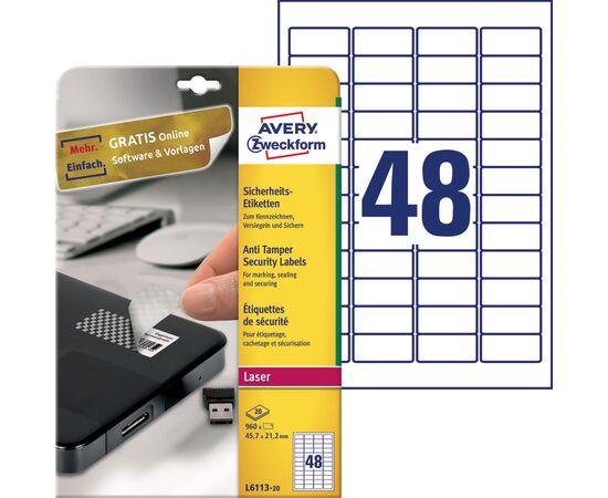 Самоклеящиеся этикетки-пломбы Avery Zweckform [L6113-20] (45.7x21.2 мм, 960 шт, 20 листов), изображение 2